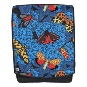 Moths on blue hydrangea backpack