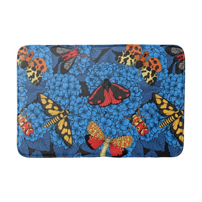 Moths on blue hydrangea bath mat (Front)
