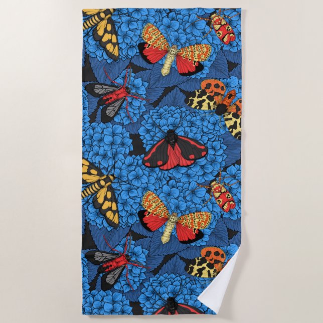 Moths on blue hydrangea beach towel (Front)