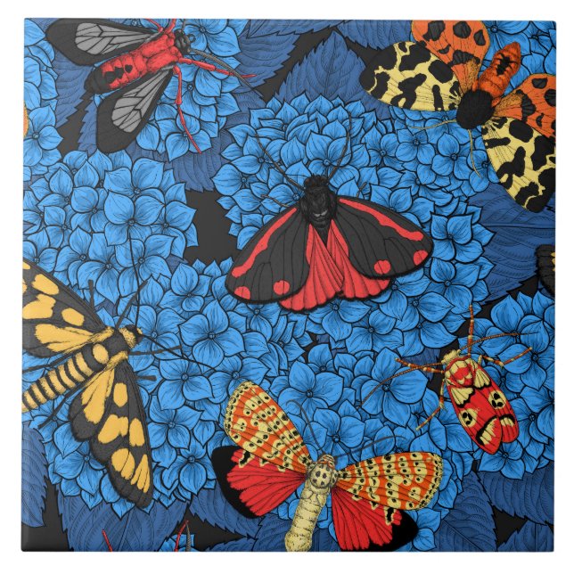 Moths on blue hydrangea ceramic tile (Front)