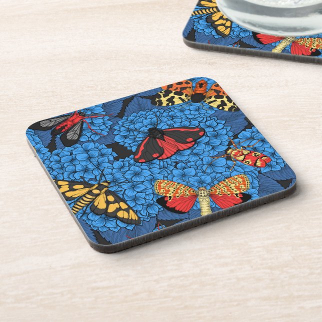 Moths on blue hydrangea coaster (Left Side)
