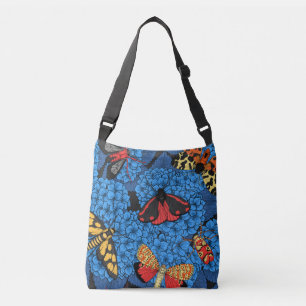 Moths on blue hydrangea crossbody bag