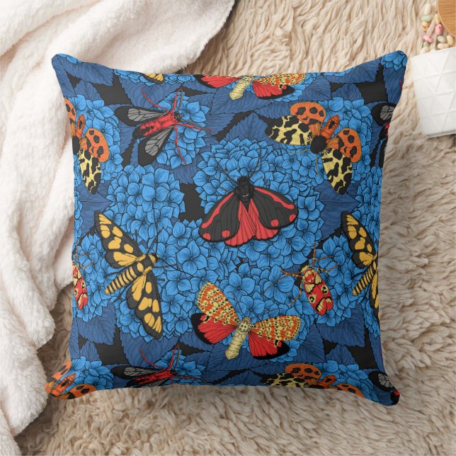Moths on blue hydrangea cushion (Blanket)