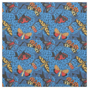 Moths on blue hydrangea fabric