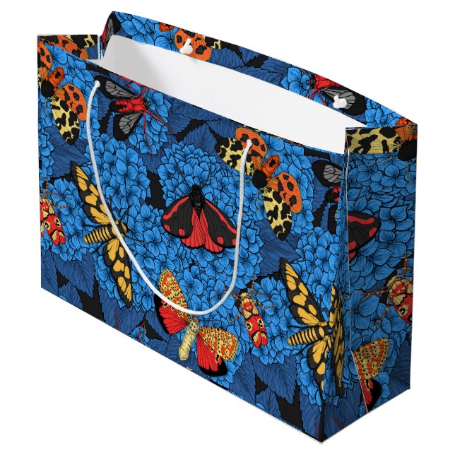 Moths on blue hydrangea large gift bag (Back Angled)