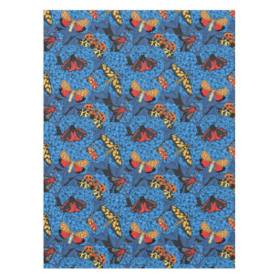 Moths on blue hydrangea tablecloth