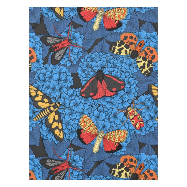 Moths on blue hydrangea tablecloth (Front)