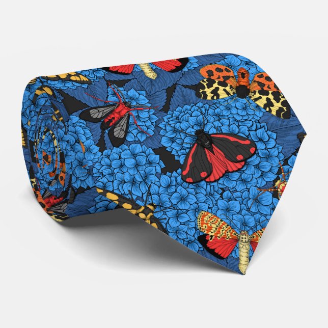 Moths on blue hydrangea tie (Rolled)