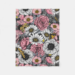 Moths on flower mix in pink and gray fleece blanket