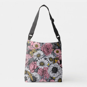 Moths on flower mix in pink and grey crossbody bag