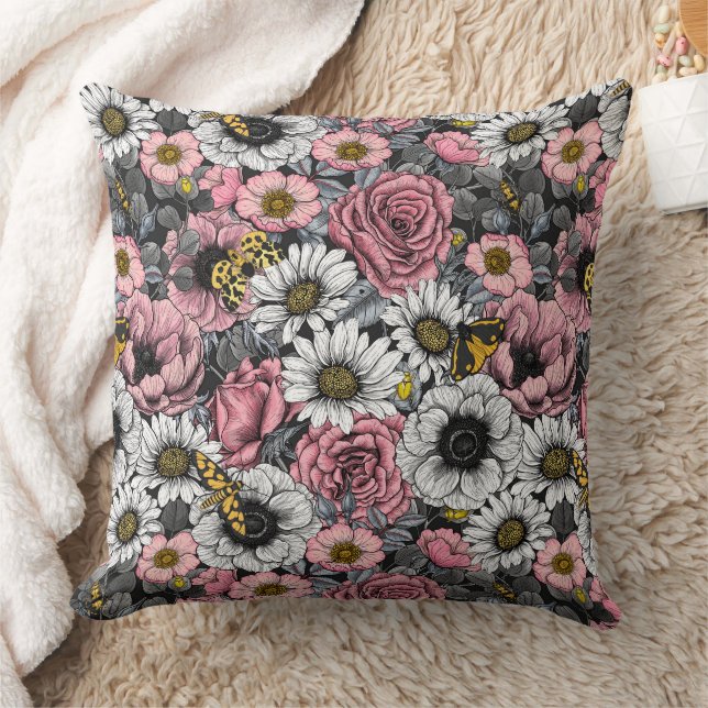 Moths on flower mix in pink and grey cushion (Blanket)