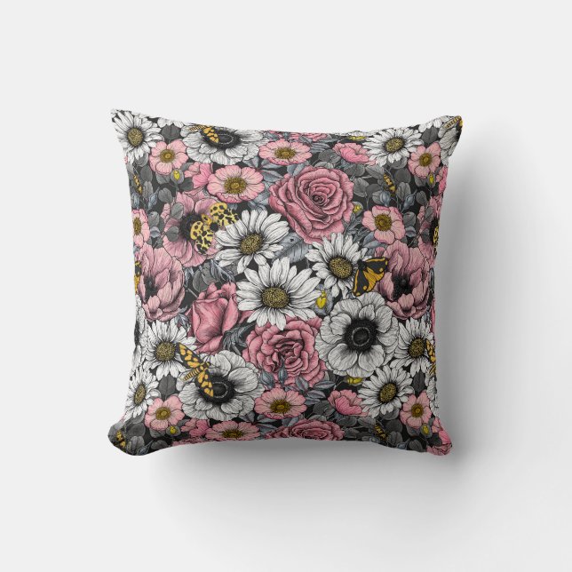 Moths on flower mix in pink and grey cushion (Front)