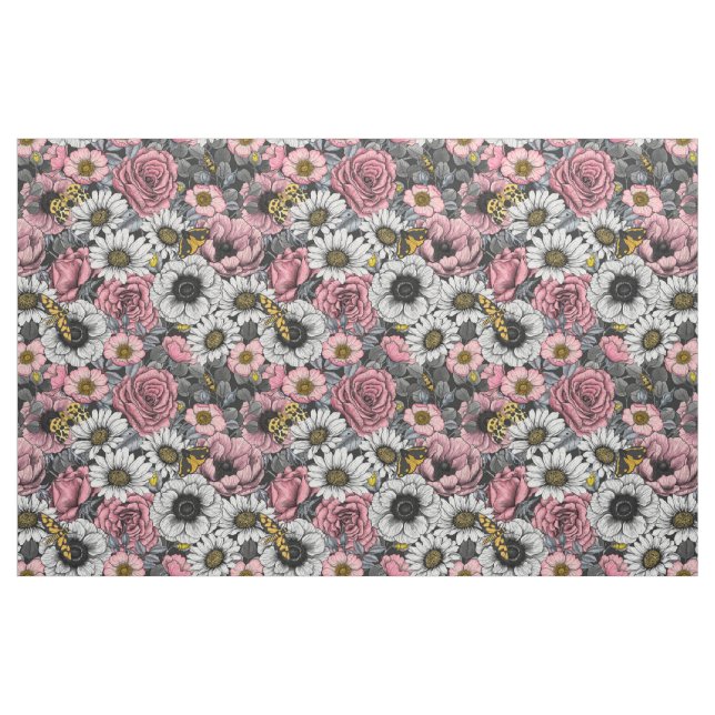Moths on flower mix in pink and grey fabric (Fat Quarter)