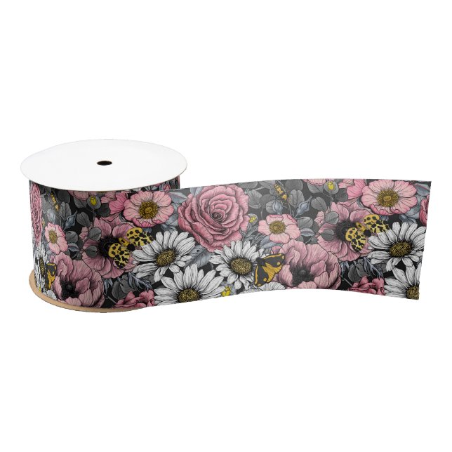 Moths on flower mix in pink and grey satin ribbon (Spool)