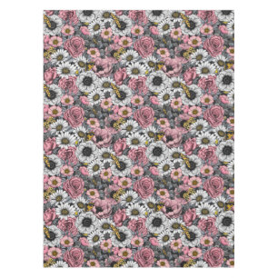 Moths on flower mix in pink and grey tablecloth