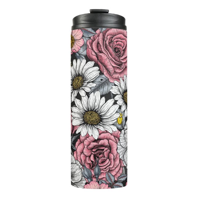 Moths on flower mix in pink and grey thermal tumbler (Front)