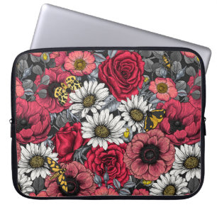 Moths on flower mix in red and gray laptop sleeve