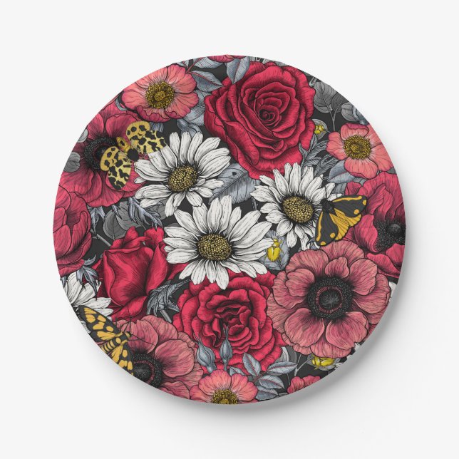 Moths on flower mix in red and gray paper plate (Front)