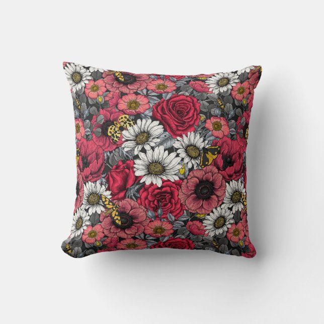 Moths on flower mix in red and grey cushion (Front)