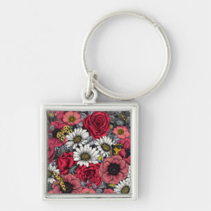 Moths on flower mix in red and grey key ring