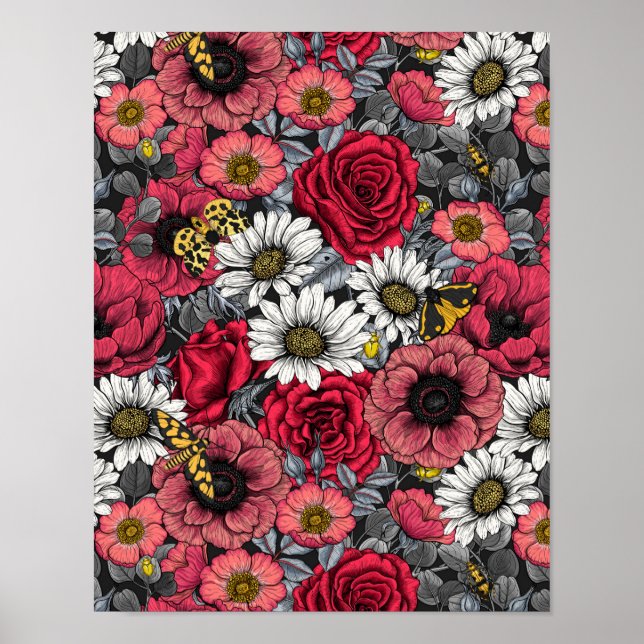 Moths on flower mix in red and grey poster (Front)