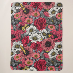 Moths on flower mix in red and grey sherpa blanket