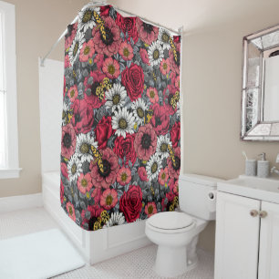 Moths on flower mix in red and grey shower curtain