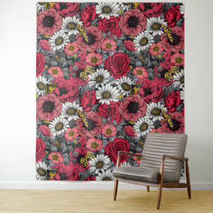 Moths on flower mix in red and grey tapestry