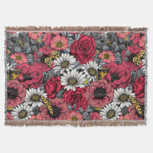 Moths on flower mix in red and grey throw blanket
