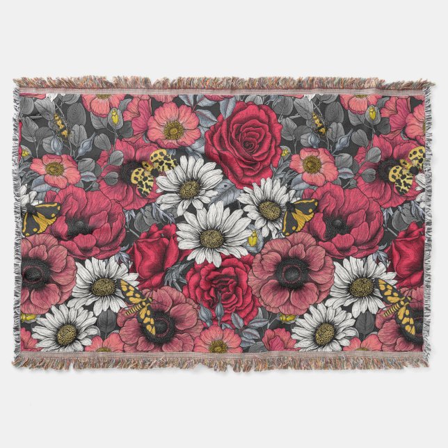 Moths on flower mix in red and grey throw blanket (Front)