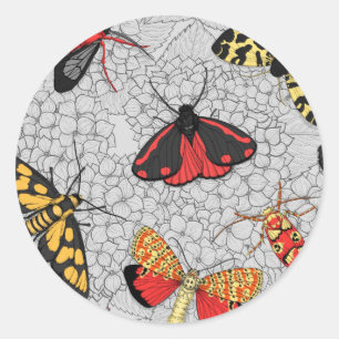 Moths on hydrangea classic round sticker