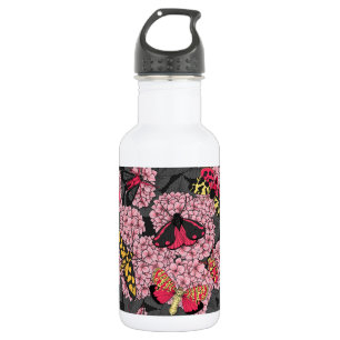 Moths on pink hydrangea 532 ml water bottle