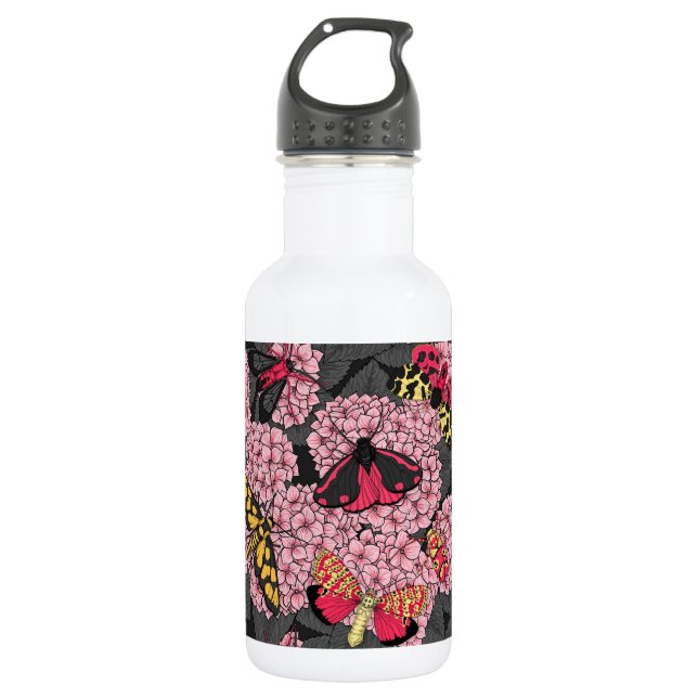 Moths on pink hydrangea 532 ml water bottle (Front)