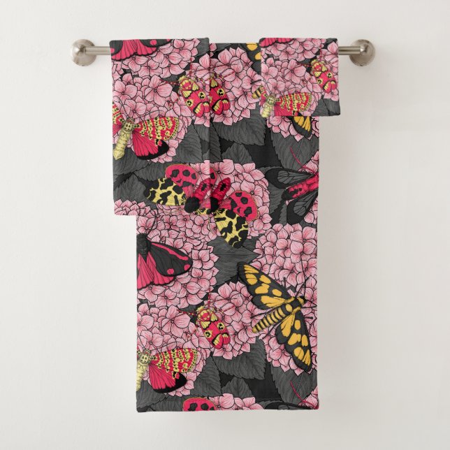 Moths on pink hydrangea bath towel set (Insitu)