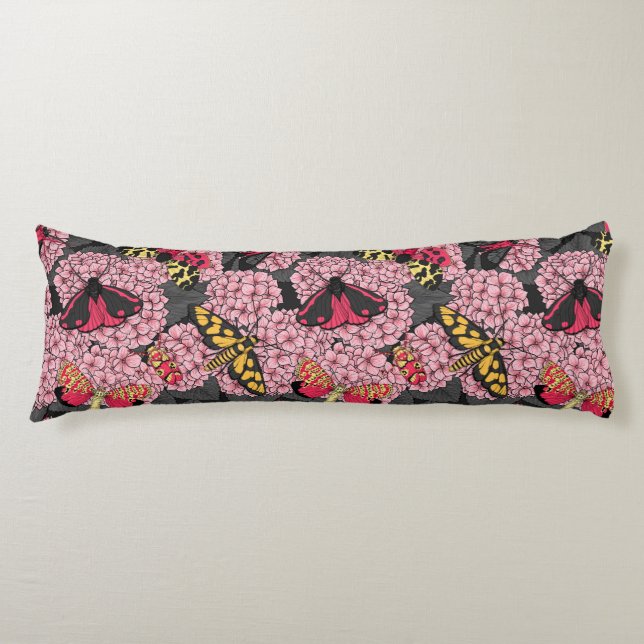 Moths on pink hydrangea body cushion (Front)
