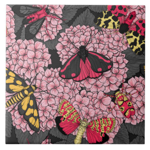 Moths on pink hydrangea ceramic tile