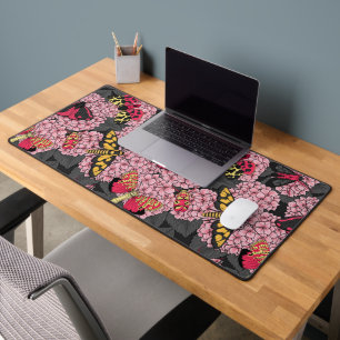 Moths on pink hydrangea desk mat