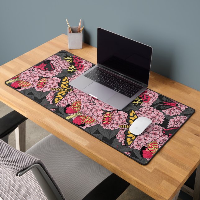 Moths on pink hydrangea desk mat (Office 2)