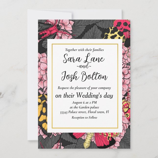 Moths on pink hydrangea invitation (Front)
