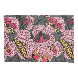 Moths on pink hydrangea pillowcase