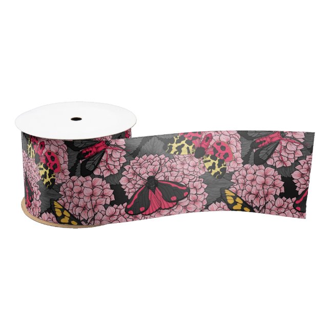Moths on pink hydrangea satin ribbon (Spool)