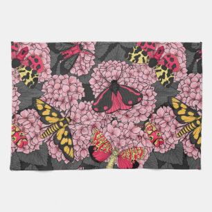 Moths on pink hydrangea tea towel