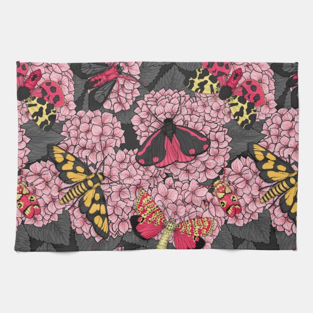 Moths on pink hydrangea tea towel (Horizontal)