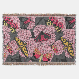 Moths on pink hydrangea throw blanket