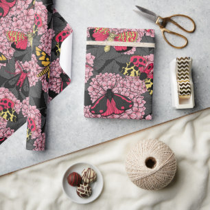 Moths on pink hydrangea wrapping paper