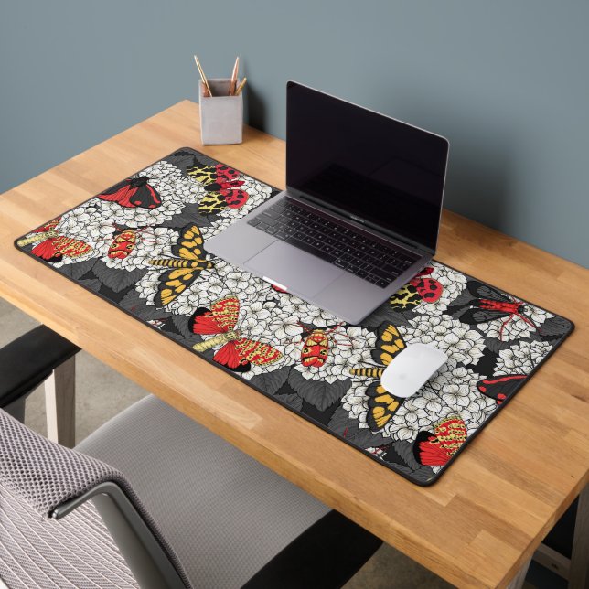 Moths on white hydrangea desk mat (Office 2)