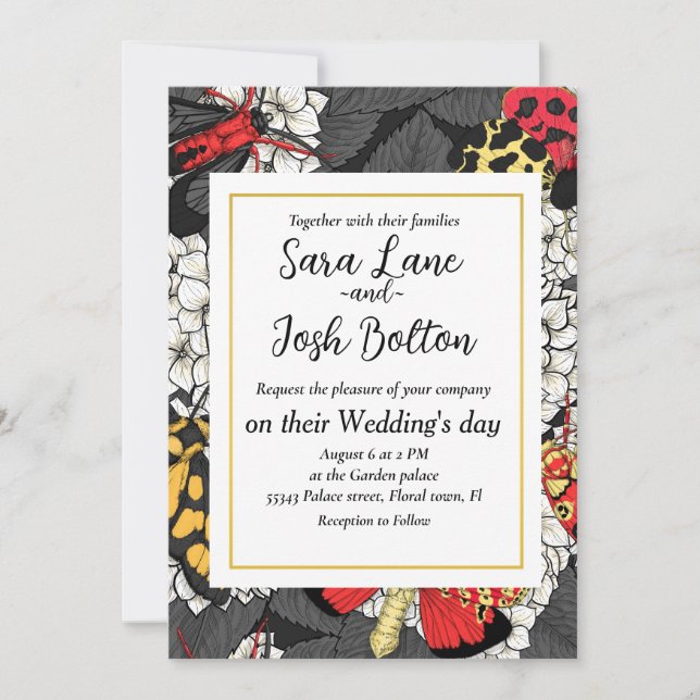 Moths on white hydrangea invitation (Front)