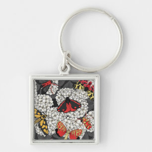 Moths on white hydrangea key ring