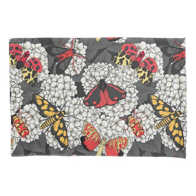 Moths on white hydrangea pillowcase (Front-Left)