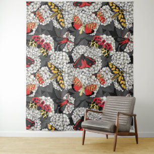 Moths on white hydrangea tapestry